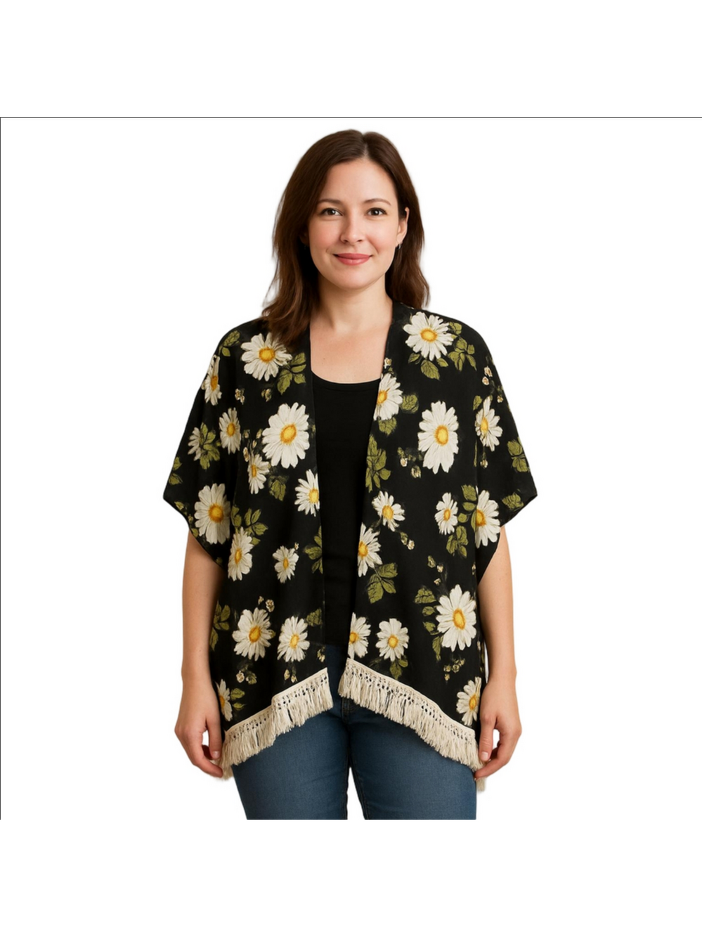 Floral cover-up Kimono With Crochet Hemline - Picture 6 of 7